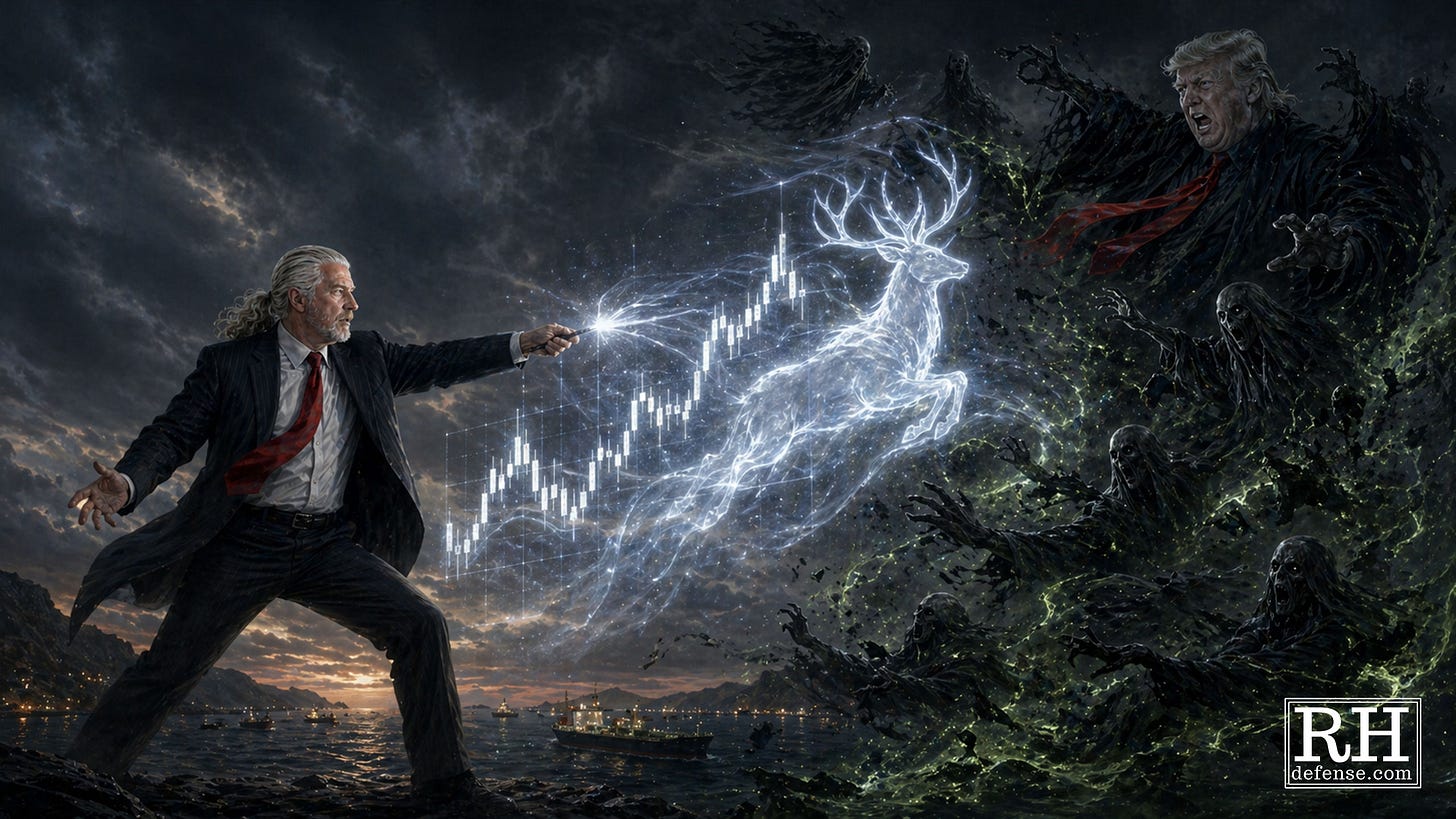 Rick Horowitz casts a bright Patronus-like stag toward a glowing candlestick chart, blasting back a Trump-like dark wizard and Dementor-like wraiths.