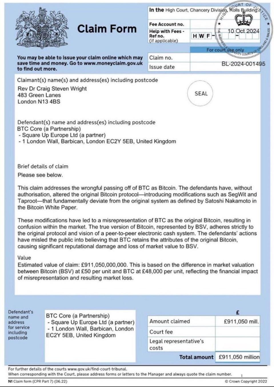 Claim Form Wright Vs Core Devs