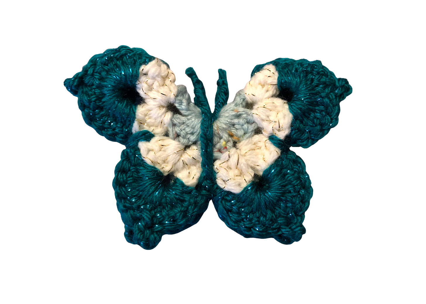 A blue, white, and turquoise crocheted buterfly