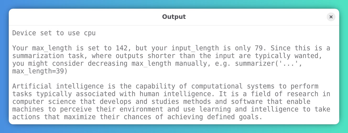 Summarization output with warnings about length.