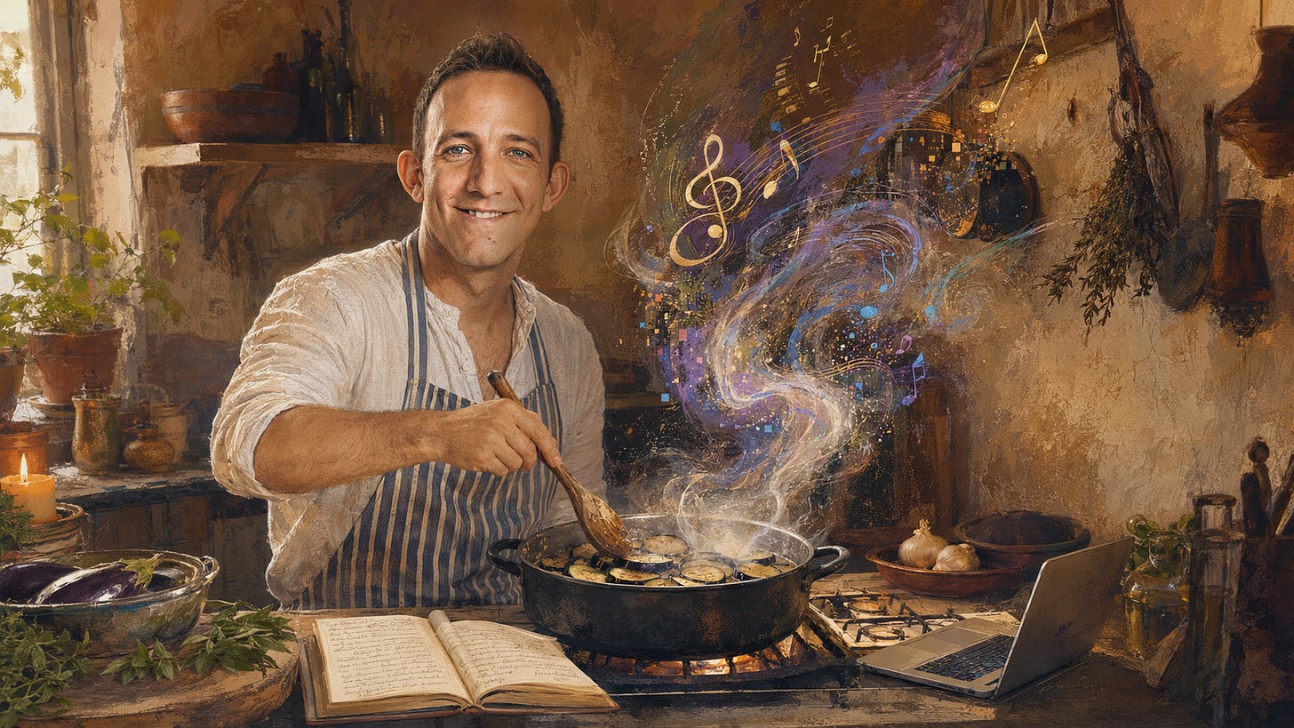 Me cooking a song about eggplants in my kitchen