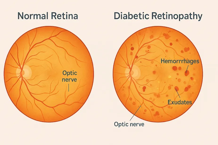 Side‑by‑side medical illustration comparing a normal retina with a retina affected by diabetic retinopathy, showing healthy vessels versus microaneurysms, hemorrhages, and exudates