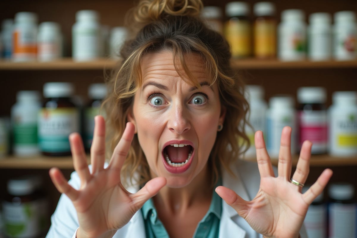 An alarmed naturopathic doctor in a white coat, mouth open and hands raised in warning, delivering her health scare in front of shelves of supplements.