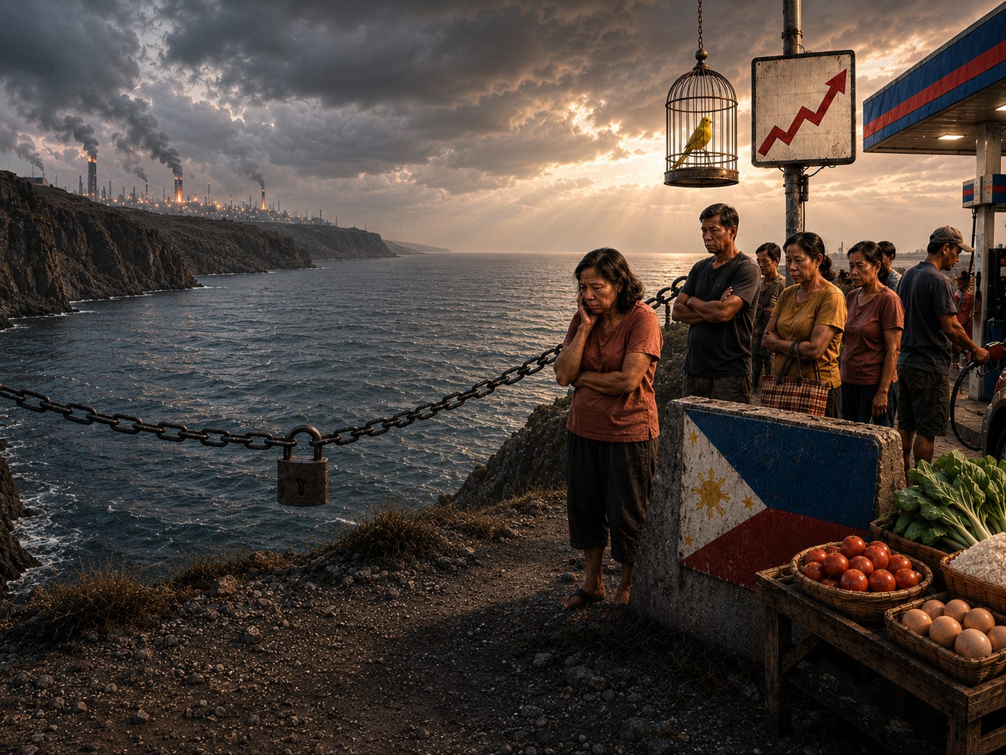 Illustration éditoriale d'une scène côtière au coucher du soleil. Une chaîne et un cadenas barrent un détroit vide, tandis que des fumées industrielles montent au loin. À droite, plusieurs Philippins attendent avec inquiétude près d'une station-service et d'un petit étal de marché où l'on voit des légumes, du riz et des œufs. Un canari en cage est suspendu au-dessus d'eux, à côté d'un panneau montrant une courbe rouge ascendante. Un panneau aux couleurs du drapeau philippin au premier plan suggère le rôle du pays comme signal d'alerte précoce d'un choc inflationniste plus large.