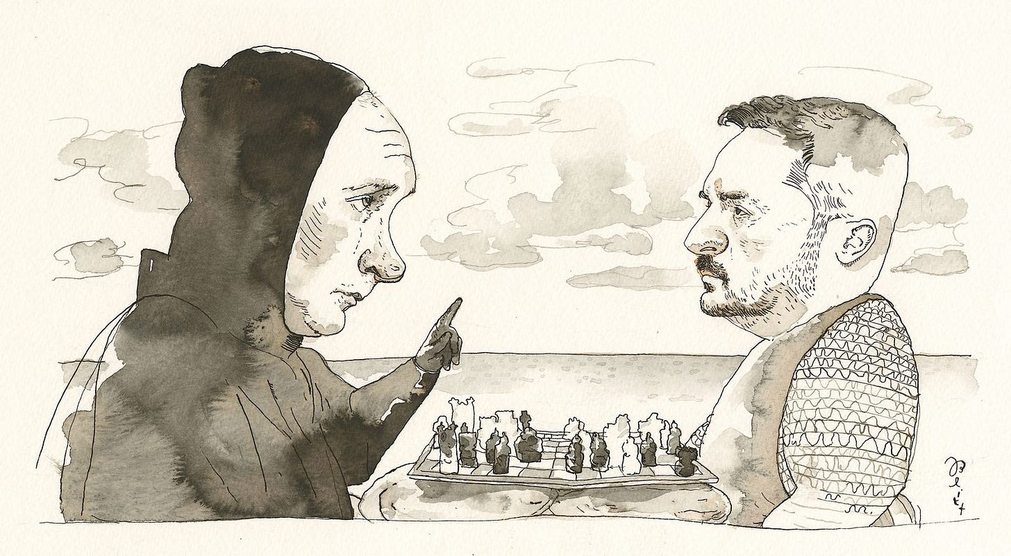 Putin and Zelensky play chess.