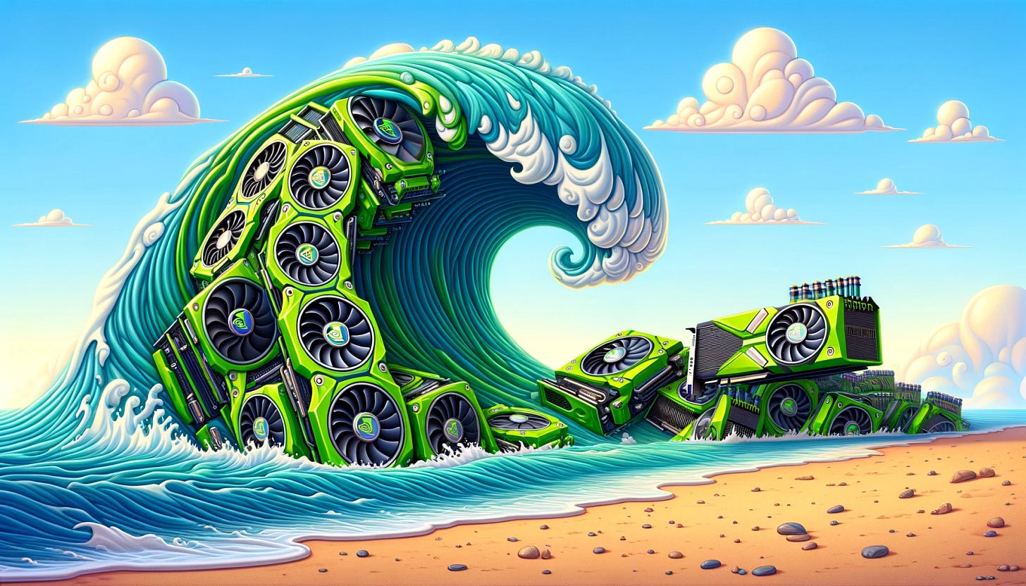 Illustrate a whimsical and vibrant scene featuring a massive wave crafted from cartoon-styled NVIDIA graphics processing units (GPUs). Each GPU in the wave should have a distinctive green color scheme and the iconic NVIDIA logo, designed in an exaggerated and playful manner. The GPUs are various models, with large, prominent fans and glowing lights, capturing the essence of NVIDIA's design. The wave is dynamic and full of movement, positioned to crash onto an empty sandy beach. Above, the sky is bright with a few stylized clouds, complementing the colorful scene.
