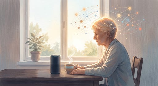 Woman at a table with an AI device Woman at a table with an AI device