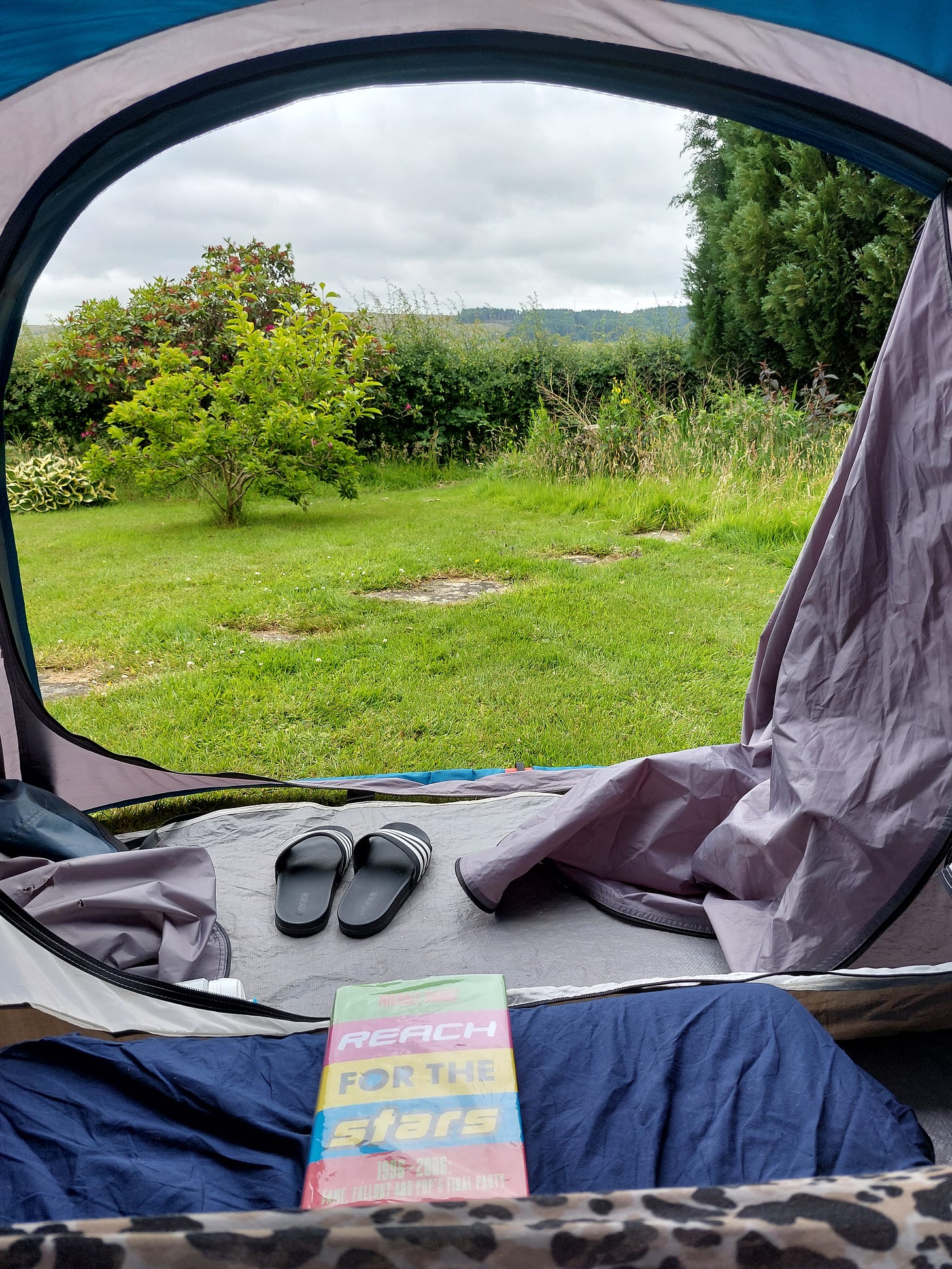 Taken from inside a tent. Green grass and a short tree outside. You can just see the tent opening and a pair of slides on the tarpaulin