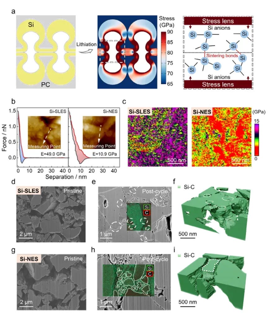 Stress-lens effect and selective electrochemical sintering mechanism. Stress-lens effect validation by finite element simulation showing stress concentration at pore openings, AFM force-distance curves and Young's modulus mapping, cross-sectional FESEM with EDS before/after cycling, and FIB-SEM 3D tomographic reconstruction of the percolating Si network.