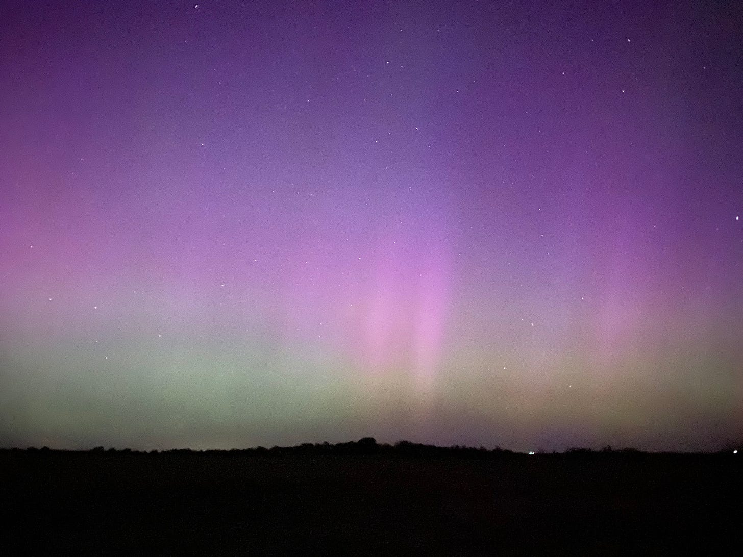 A night sky with faint purplish-pink northern lights higher in the sky, and light green nearer the horizon, meet a mostly flat, silhouetted landscape.