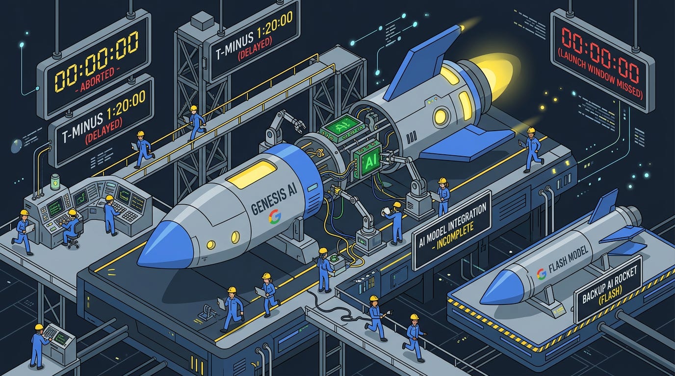 Flat isometric illustration of a giant futuristic AI rocket repeatedly halted on a launch pad by oversized countdown clocks showing missed launch windows, tiny Google engineers rushing between control consoles while unfinished AI components are still being assembled, backup Flash model waiting beside the main rocket, yellow, blue and graphite grey colour palette, clean vector art style, dark background, modern tech editorial aesthetic. Flat isometric illustration of a giant futuristic AI rocket repeatedly halted on a launch pad by oversized countdown clocks showing missed launch windows, tiny Google engineers rushing between control consoles while unfinished AI components are still being assembled, backup Flash model waiting beside the main rocket, yellow, blue and graphite grey colour palette, clean vector art style, dark background, modern tech editorial aesthetic.