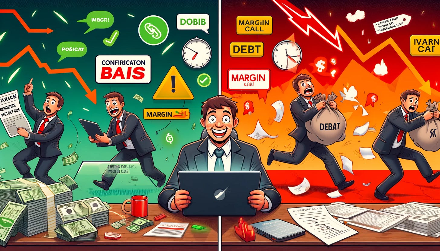 A split-screen illustration showing two investor states. On the left side, for Confirmation Bias, depict an investor sitting confidently at a desk, reading only positive news on a laptop, ignoring warning signs like red alerts and falling stock charts around them. The investor smiles, oblivious to danger, surrounded by green checkmarks and thumbs-up icons, while disaster looms in the background. On the right side, for 'Full Margin Greed,' show the same investor running in panic as stock charts crash, papers flying around them. They are weighed down by heavy debt signs like 'Margin Call' and 'Debt,' clearly overwhelmed by their failed gamble. The scene is chaotic, with intense red arrows and lightning. Style is humorous and cartoon-like.