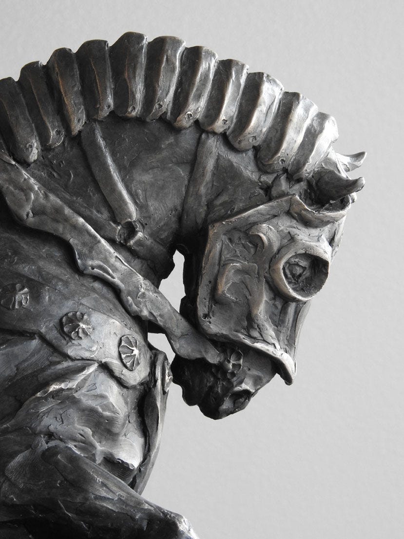 Detail photo of Spirit Wariror, a cast bronze sculpture of a warhorse by Kindrie Grove
