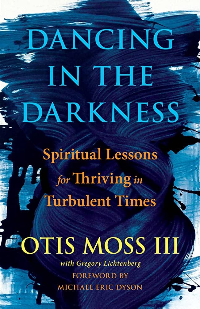 Cover for "Dancing in the Darkness" blue paint swipes on white background 