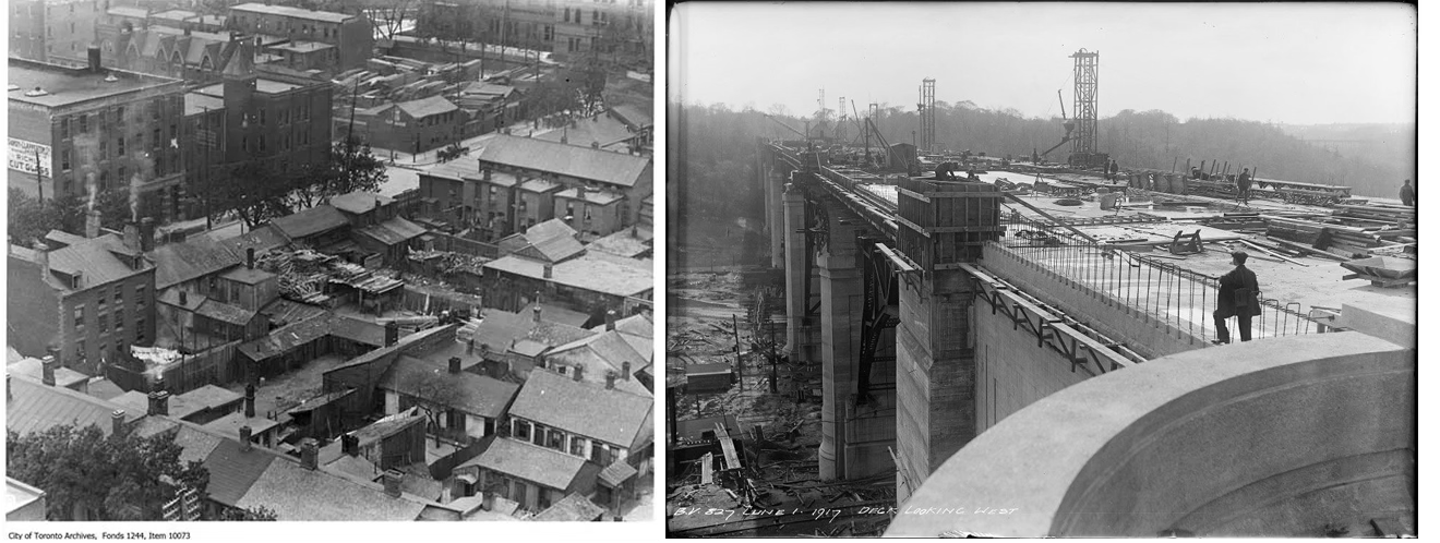 City of Toronto archival photos of the infamous "Ward" neighbourhood (L) and the Bloor St. Viaduct under construction - both ca. 1915 City of Toronto archival photos of the infamous "Ward" neighbourhood (L) and the Bloor St. Viaduct under construction - both ca. 1915