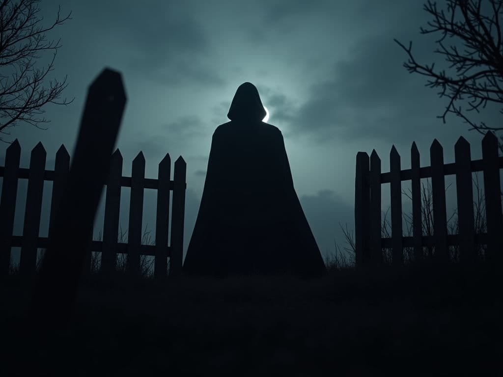 Please create the 1:1 aspect ratio image of a vampire looming in the shadows behind a picket fence (foreground) at dusk.