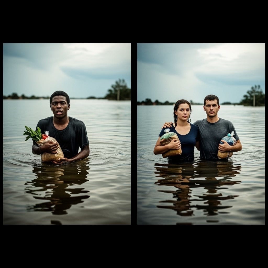This is how bias is reinforced with framing. Stories stick and can harm when we frame them to play to entrenched discrimination. To disrupt stories you must reframe the narrative. Imagine if the man on the left was carrying a small child and trying to hold groceries to survive.