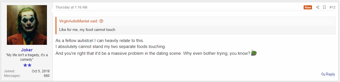 Autistcel talking about being unable to tolerate separate foods touching