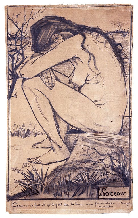 Sketch by Van Gogh representing sorrow. A woman of middle to old age sits naked, weeping.