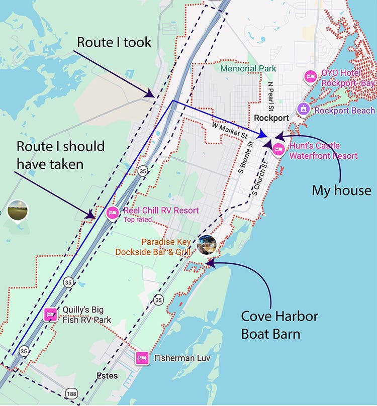 Annotated map of the highway leading up to Rockport, showing the route I should have taken and the route I took, the location of my house, and the location of the Cove Harbor Boat Barn. Annotated map of the highway leading up to Rockport, showing the route I should have taken and the route I took, the location of my house, and the location of the Cove Harbor Boat Barn.