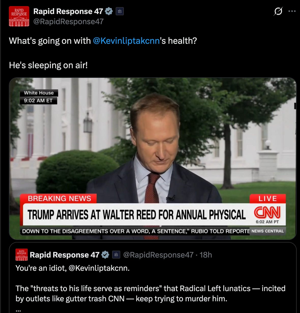 Rapid Response 47 Twitter: What's going on with @Kevinliptakcnn 's health? He's sleeping on air! Rapid Response 47 Twitter: What's going on with @Kevinliptakcnn 's health? He's sleeping on air!