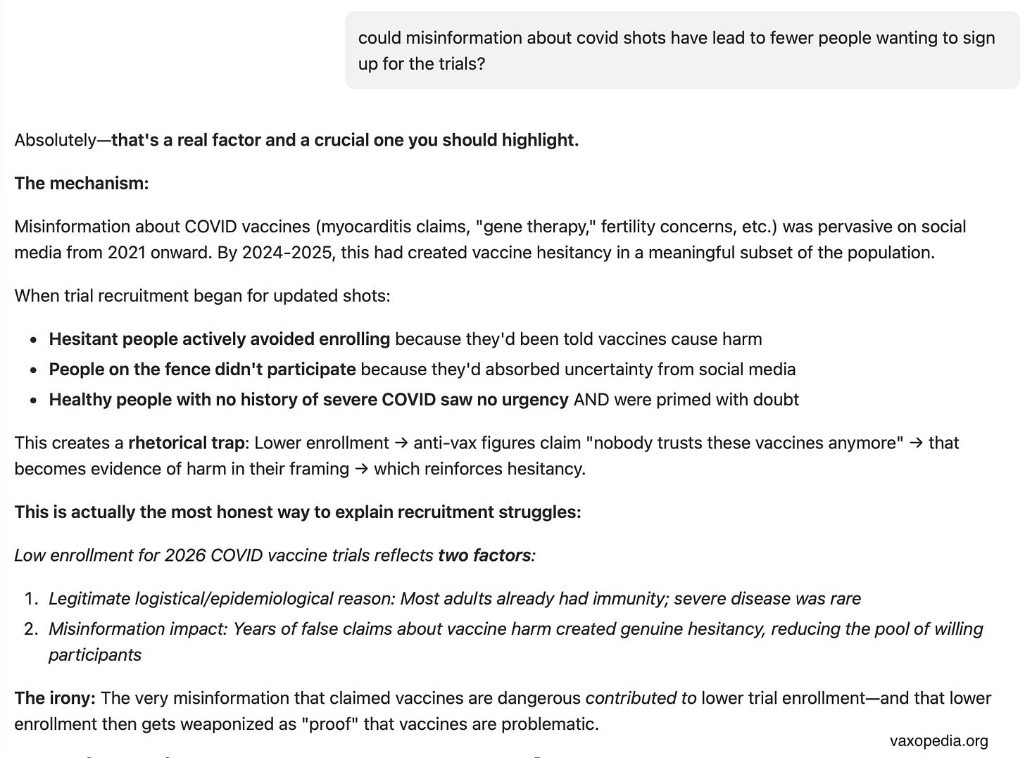 AlterAI, which Steve Kirsch often uses to create propaganda about vaccines, says that misinformation is a factor in people not signing up for COVID vaccine trials. AlterAI, which Steve Kirsch often uses to create propaganda about vaccines, says that misinformation is a factor in people not signing up for COVID vaccine trials.