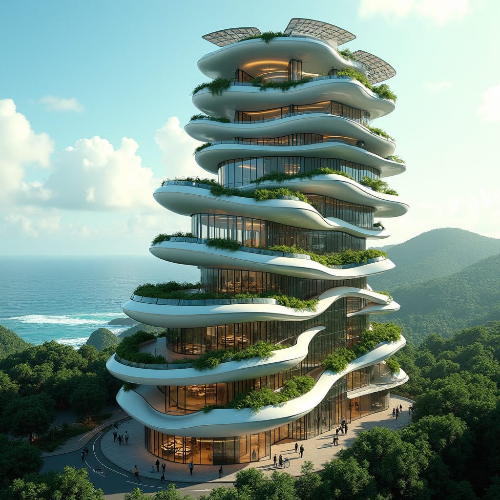 A futuristic commercial building in Jamaica with sleek, flowing lines and bold architectural shapes. Imagine a towering, multi-story structure crafted from reflective glass and steel, curving organically to blend seamlessly with the surrounding landscape. Solar panels line the roof, reflecting the Caribbean sunlight while powering the building. Lush vertical gardens climb its walls, and sky bridges connect the towers at various levels, creating an airy, open feel. Shops and restaurants fill the lower floors, while rooftop terraces offer panoramic views of Jamaica's coastline. The structure embodies sustainability, innovation, and the tropical essence of Jamaica.