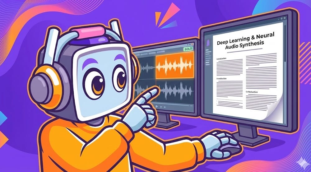 Neuralbuddy robot character pointing to a specific, highlighted audio waveform track with a "SOLO" button active on a dual-monitor setup, next to a deep learning research paper.