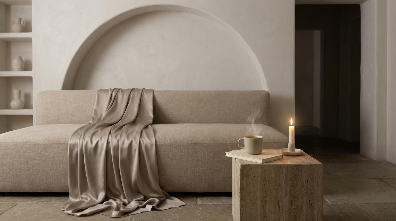Landscape image of a linen sofa under a plaster arch with sparse shelves above, champagne satin draped over the arm, a steaming mug and closed notebook on a travertine block, and one candle in soft ivory light.