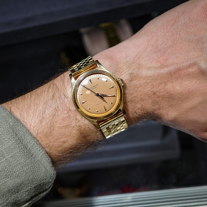 Another Patek and Cartier pair: A pink-on-pink ref. 2508 and a Cartier London Baignoire.