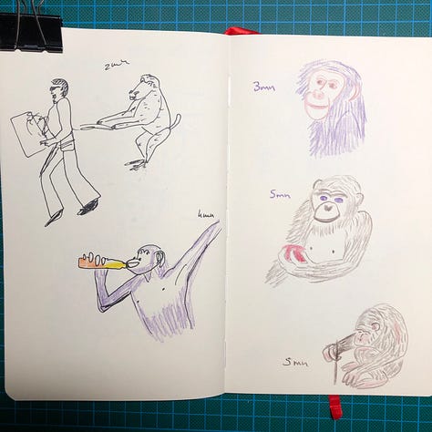 Photos des doubles-pages de mon sketchbook où j’ai dessiné les singes aux crayons de couleurs, crayon graphite ou stylo-plume. Le temps consacré à chaque dessin est indiqué.