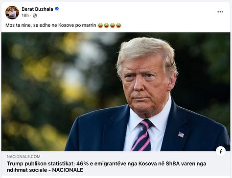A coordinated narrative chain showing how a partisan post by Donald Trump is laundered into news, amplified by Nacionale, and weaponised by Berat Buzhala through an anonymous and unverifiable screenshot. From political theatre to moral accusation, the images document how insinuation replaces evidence and how stigma is manufactured for mass consumption.