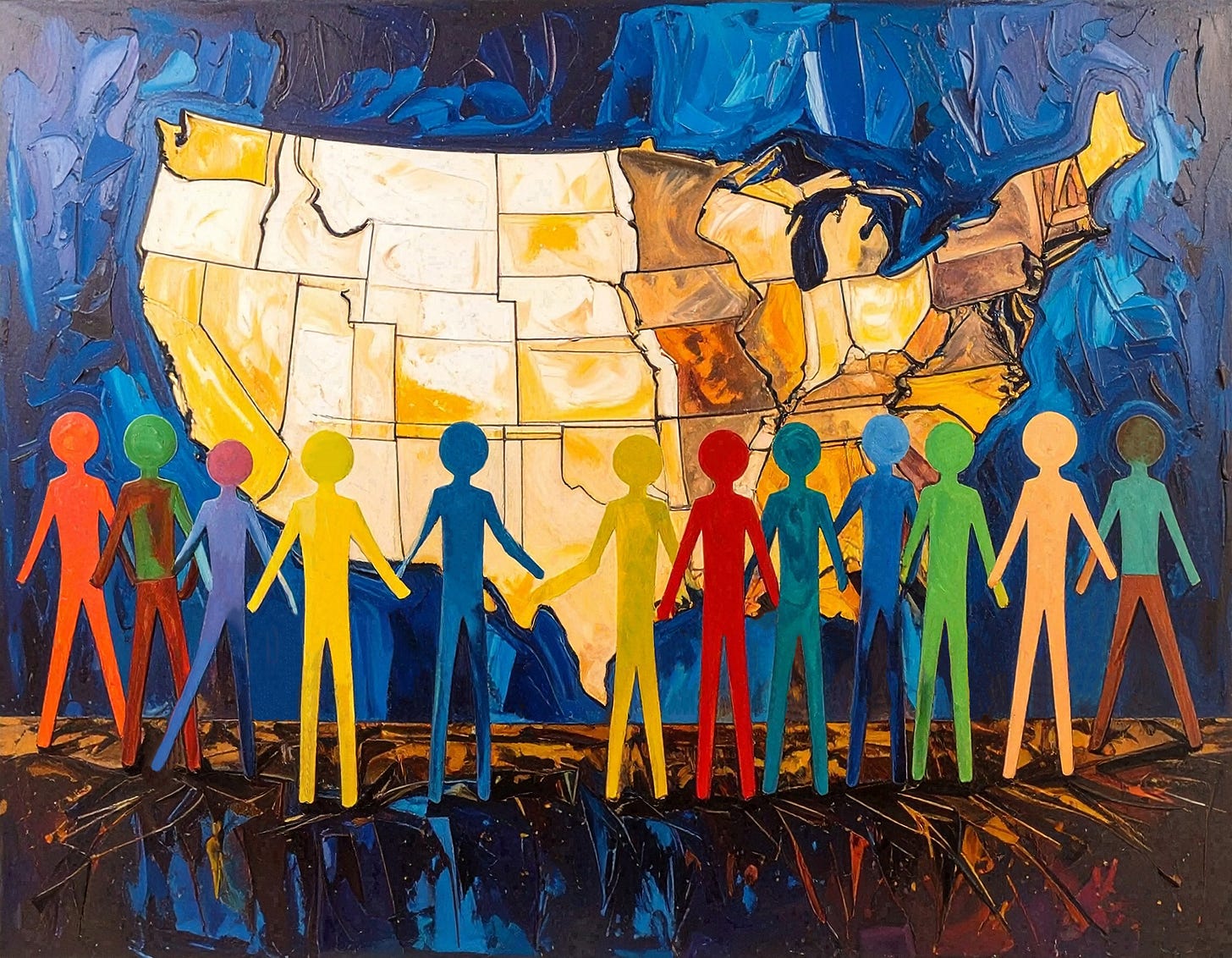 This is an AI‑generated image of people in front of a map of the United States.