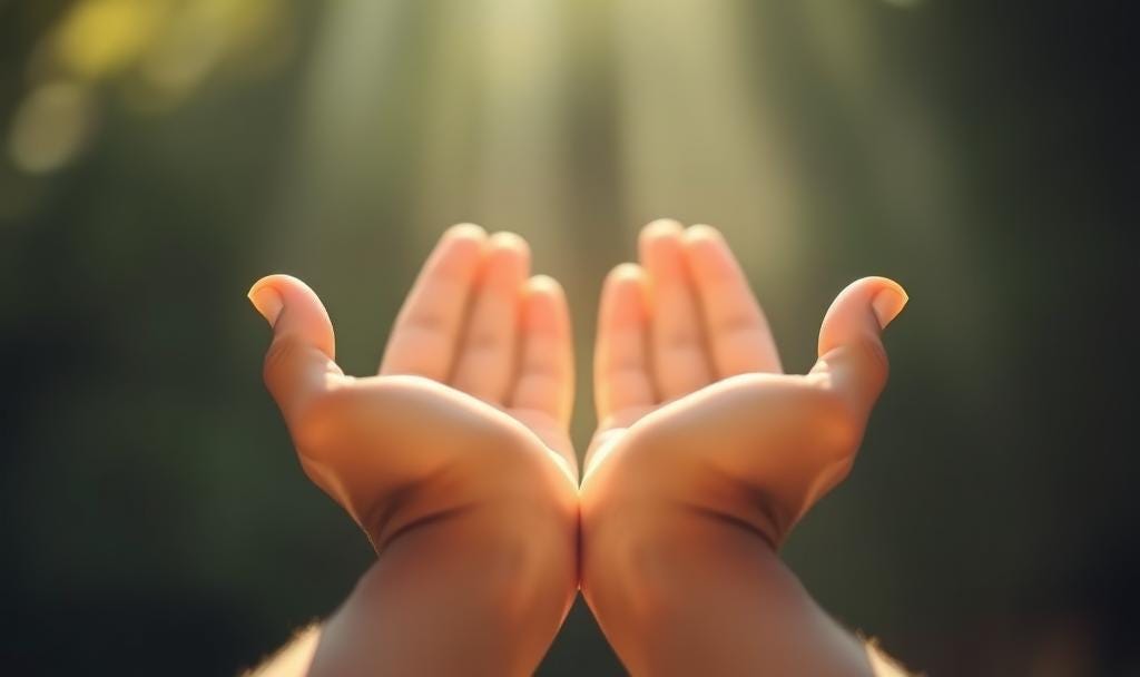 A close-up of open hands with soft sunlight streaming in, symbolizing surrender, receptivity, and divine love