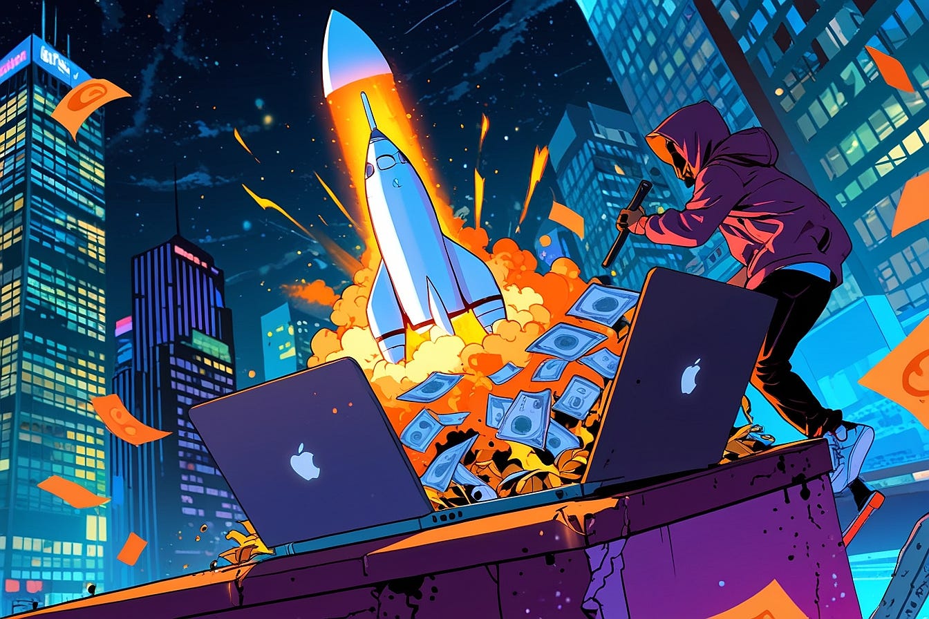 Rocket launching between two laptops in a city with a hooded guy on the right and money burning in the exhaust.