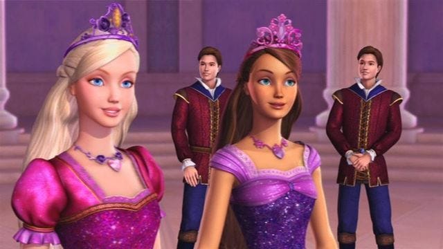 This may contain: the princess and the frog are standing in front of two other people wearing purple outfits This may contain: the princess and the frog are standing in front of two other people wearing purple outfits