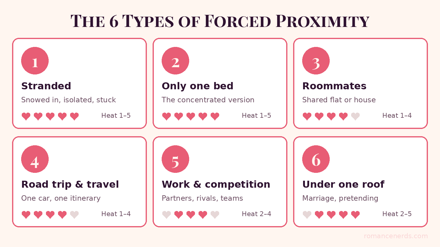The six types of forced proximity: stranded, only one bed, roommates, road trip, work and competition, and under one roof, with heat ranges The six types of forced proximity: stranded, only one bed, roommates, road trip, work and competition, and under one roof, with heat ranges