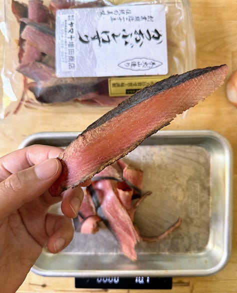 Bonito used in egg dashi, eggs halved, eggs chopped
