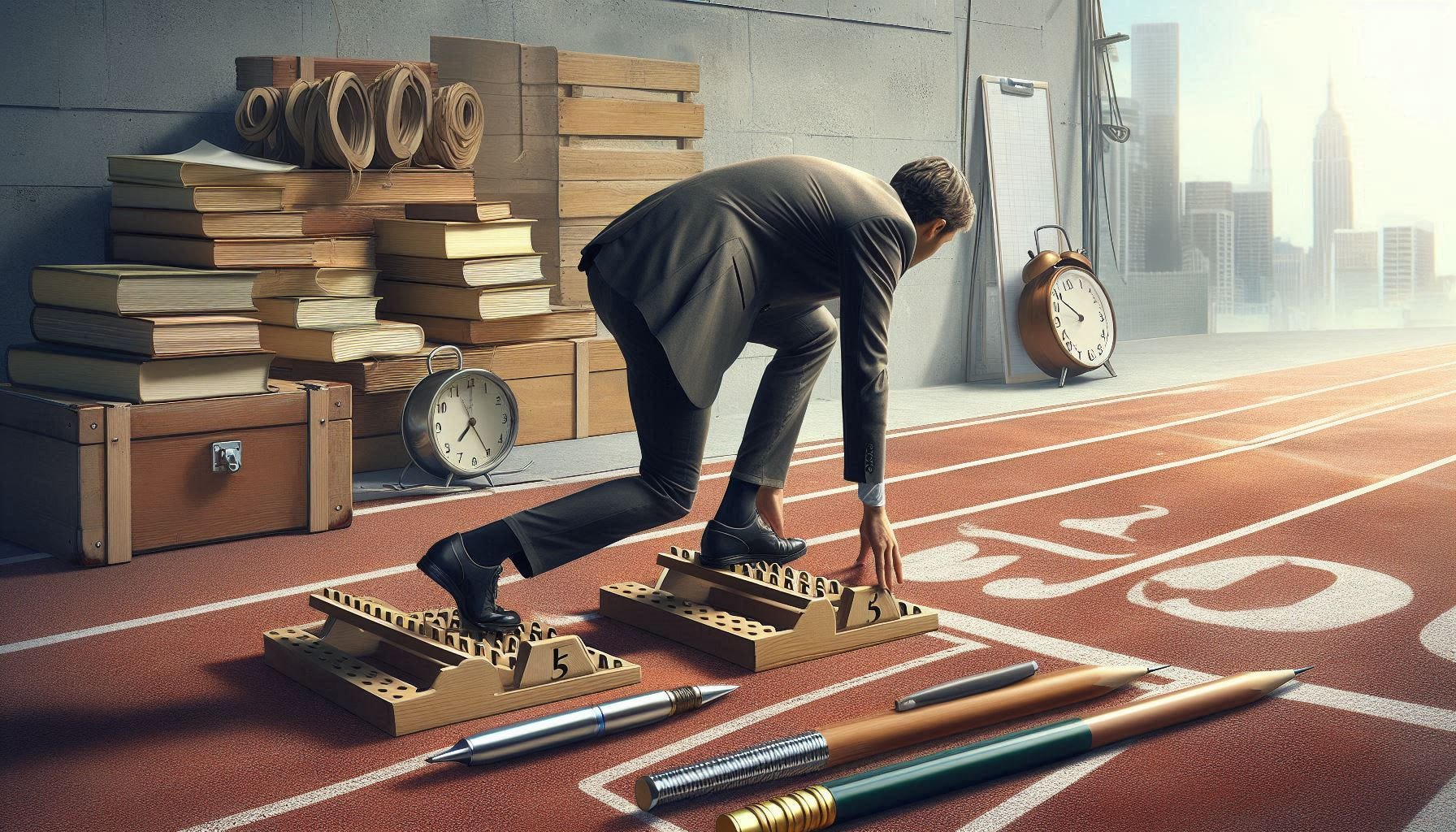 A writer stands on the starting blocks but can not start