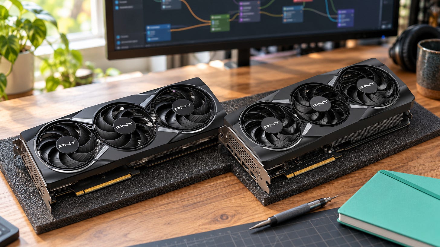 PNY RTX 5060 Ti 16GB and RTX 5070 12GB graphics cards on a workbench beside a ComfyUI workstation PNY RTX 5060 Ti 16GB and RTX 5070 12GB graphics cards on a workbench beside a ComfyUI workstation