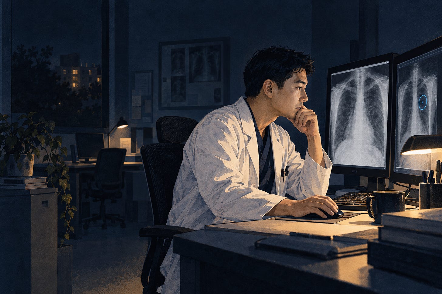 Một bác sĩ đọc phim X-quang trong ca trực đêm, dừng lại trước gợi ý của hệ thống AI.