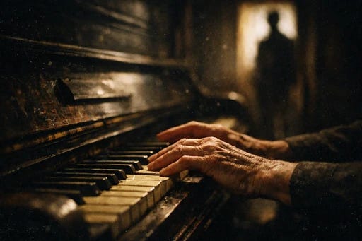 A piano player’s hands on keys with another person’s silhouette appearing in a doorway, suggesting the moment observation changes performance