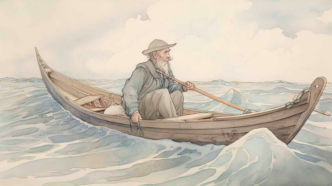 Een oude man in een roeiboot op de oceaan.