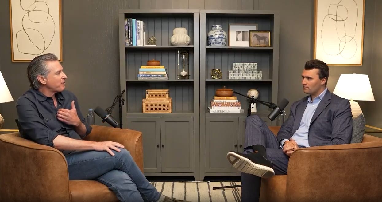 California Gov. Gavin Newsom interviews Charlie Kirk on debut episode of podcast, agreeing with the conservative activist on trans athlete bans and other culture war issues.