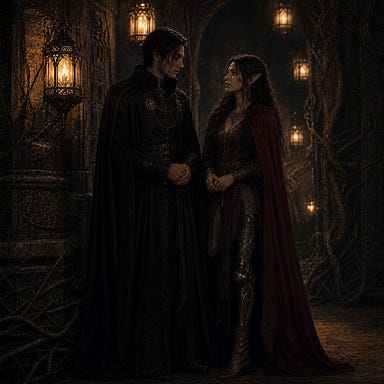 Felonious and Ezmerelda in the lantern‑lit Soldav hall, human Ezmerelda in crimson cloak with brass‑etched prosthetic leg, Felonious slender and thoughtful in ink‑dark robes, both standing close in quiet conversation, warm lantern glow on stone and roots, Barovian Gothic atmosphere