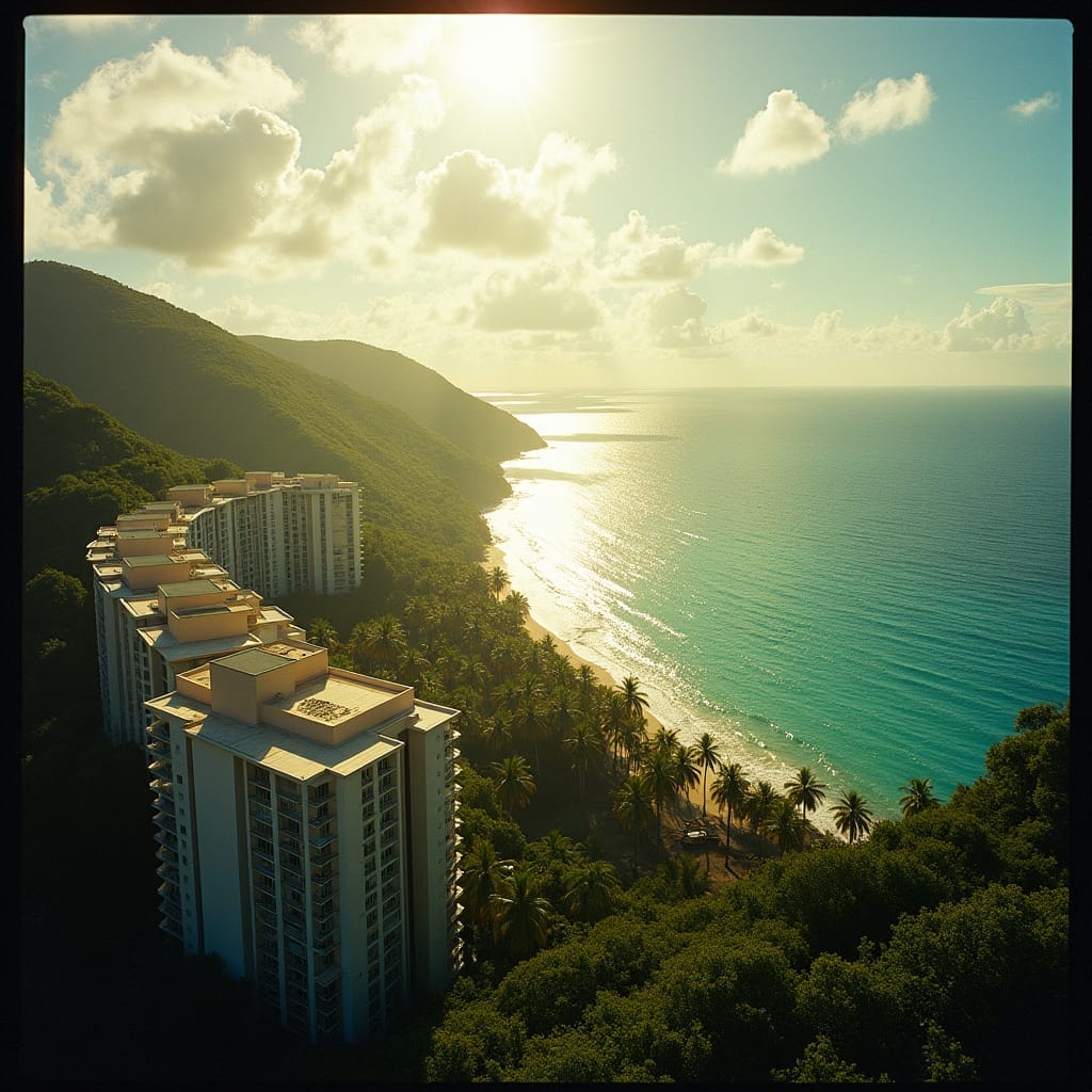 Luxurious condos in Jamaica, with warm tropical sunlight casting a golden glow on the modern architecture, set against a breathtaking backdrop of turquoise ocean and lush green palm trees
