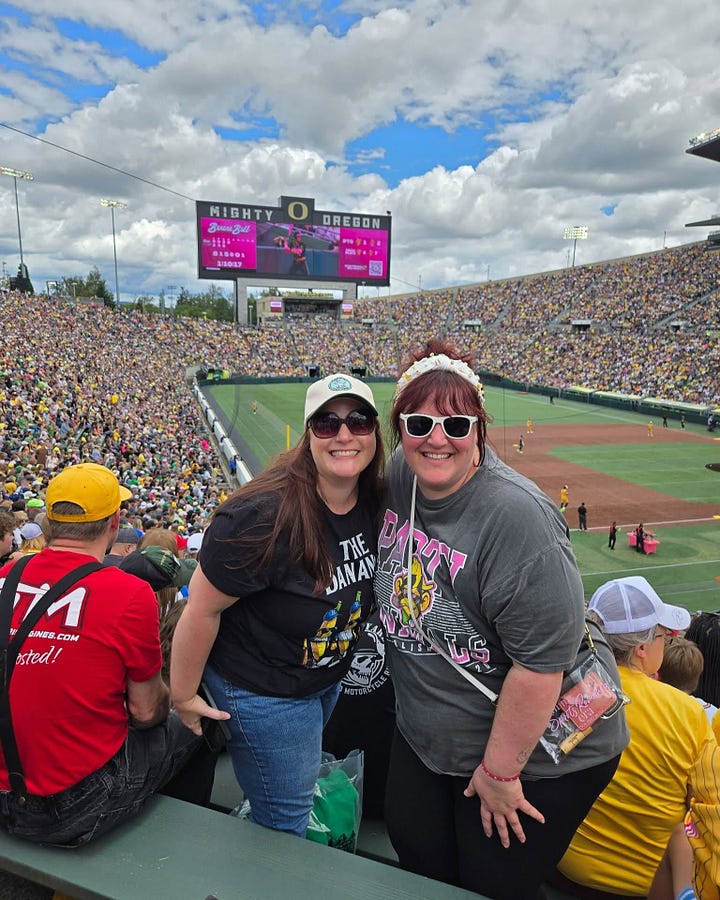 Authors Fancy Roberts and Kelly Reynolds at the Savannah Bananas baseball game in Eugene, Oregon.