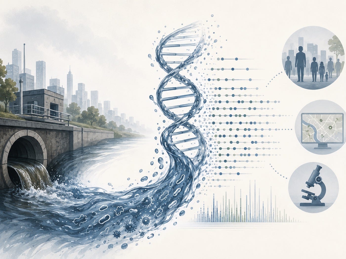 Stylized illustration of a DNA double helix rising from a wastewater outflow beside a city skyline, evoking metagenomic environmental surveillance. Stylized illustration of a DNA double helix rising from a wastewater outflow beside a city skyline, evoking metagenomic environmental surveillance.