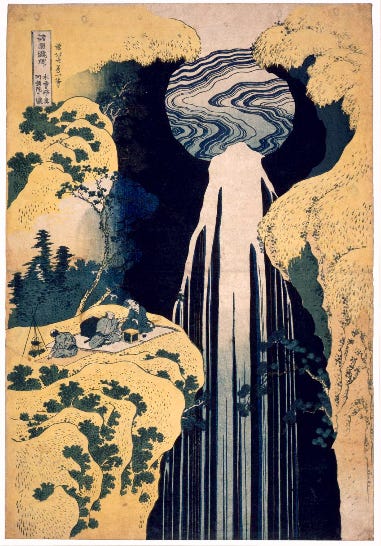 A stylised circular waterfall pours from a round pool, with tiny travellers resting below A stylised circular waterfall pours from a round pool, with tiny travellers resting below