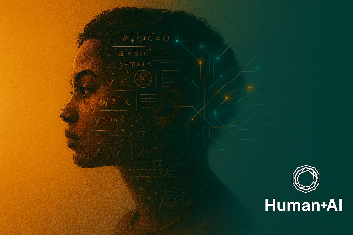A digital illustration of a punk-inspired learner with notes and glowing AI circuits inside their profile, symbolizing Human+AI learning together.